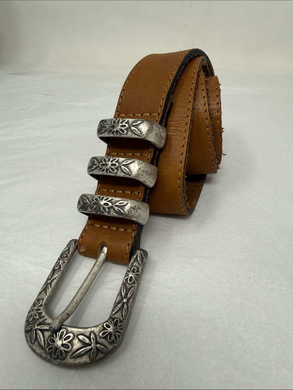 Elite Brown Leather Floral Western Belt Silver Buckle Vintage Style Boho Babe